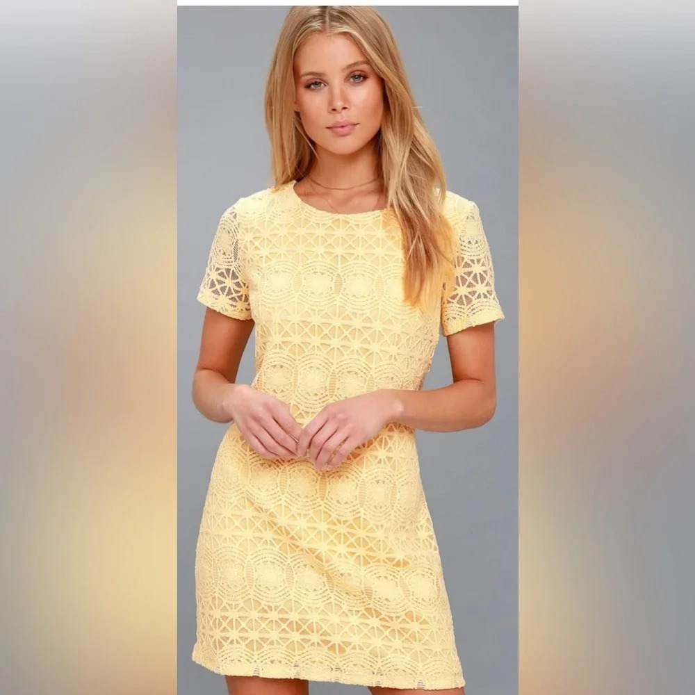 Lulus Love You For Eternity Yellow Lace Short Sleeve Knee Length Dress Sz Medium